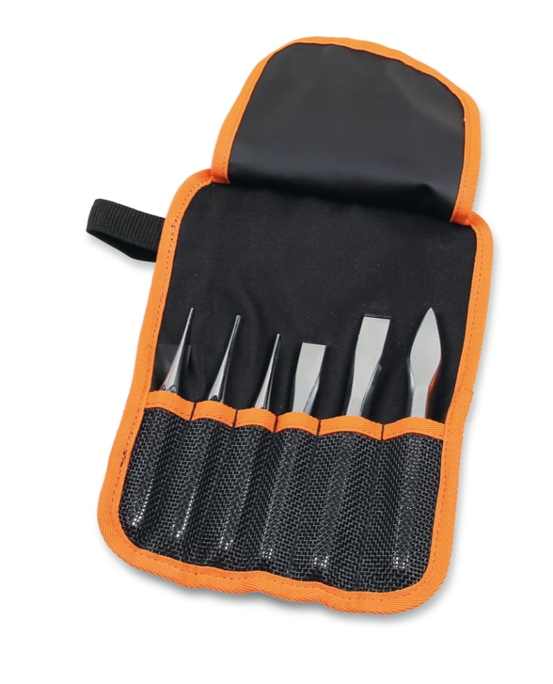 BETA - Serie di 2 punzoni, 1 bulino, 2 scalpelli piatti e 1 ugnetto in busta avvolgibile in poliestere, scalpelli assortimento 6pz in busta.