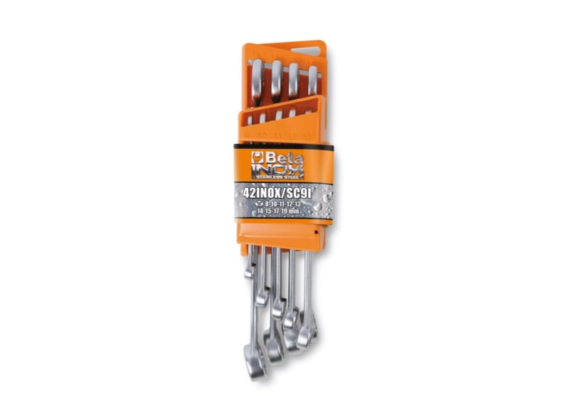 BETA - Serie di 9 chiavi combinate in acciaio inossidabile con supporto compatto SR. chiavi inox combinate 9pz supp/sc9.