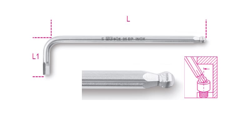 BETA - Chiavi maschio esagonale piegate con estremità sferica in acciaio inossidabile CH maschio inox punta sferica ES-BP8.