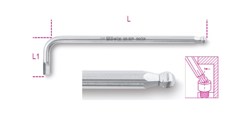 BETA - Chiavi maschio esagonale piegate con estremità sferica in acciaio inossidabile CH maschio inox P/sferica ES-BP AS 7/64.