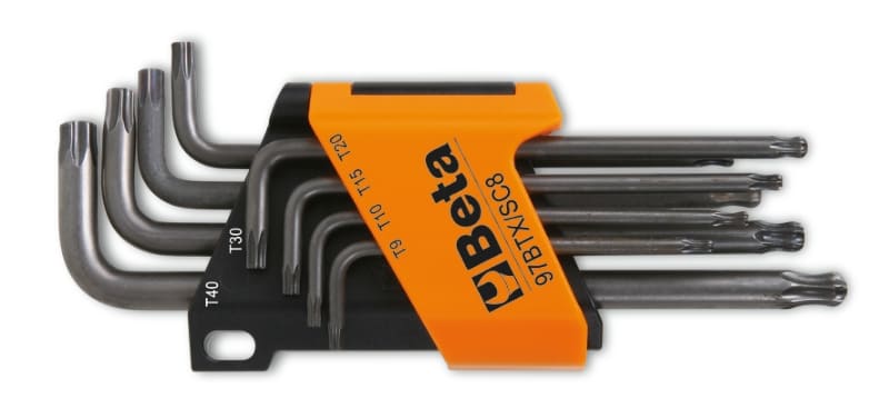 BETA - Serie di 8 chiavi maschio piegate con un'estremità sferica per viti con impronta torx, chiavi mas pieg btx supporto 8pz btx/sc8.