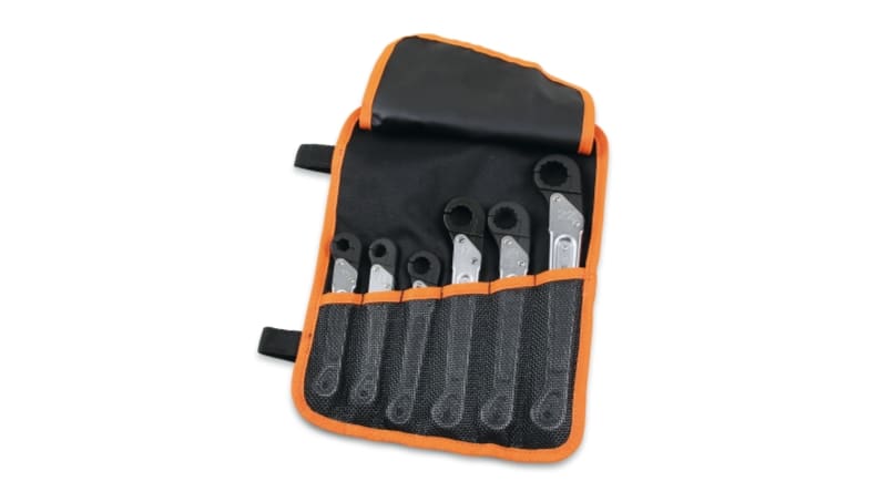 BETA - Serie di 6 chiavi poligonali aperte a cricchetto in busta avvolgibile di poliestere resistente CHIAVI A CRICCHETTO POL APERTE 6PZ/B6N.