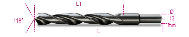 BETA - Punte elicoidali cilindriche serie corta in acciaio HSS rullate brunite con codolo ridotto da 13mm A17,50.