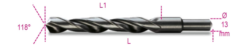 BETA - Punte elicoidali cilindriche serie corta in acciaio HSS rullate brunite con codolo ridotto da 13mm A17,50.