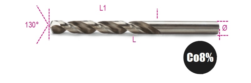 BETA - Punte elicoidali cilindriche serie corta in acciaio HSS-CO 8% rettificate, punte rettificate cobalto 2,25.
