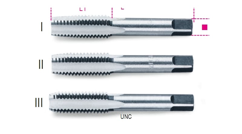 BETA - Serie di 3 maschi a mano sgrossatore, intermedio, finitore UNC in acciaio al cromo MASCHI FILETTATURA UNC ASC3/8 SERIE 3PZ 004300053