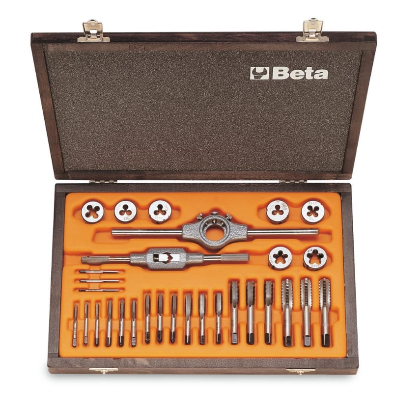 BETA - Assortimento di maschi e filiere con accessori in acciaio al cromo filettatura metrica in cassetta di legno CASSETTE MASCH.430+FILIERE 440 30PZ /C30.