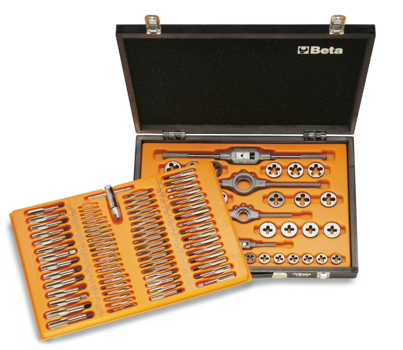 BETA - Assortimento maschi e filiere acciaio cromo filettatura metrica in cassetta legno 110pz