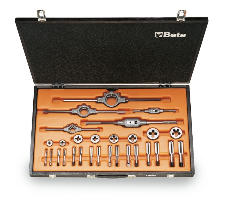 BETA - Assortimento di maschi e filiere con accessori in acciaio al cromo filettatura UNF in cassetta di legno, CASSETTE MASCHI+FILIERE 29PZ UNF ASFC29.