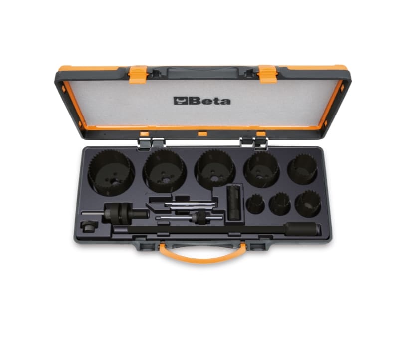 BETA - Assortimento di seghe a tazza e accessori per elettricisti in cassetta di metallo, cassette 15pz per elettricisti c15.