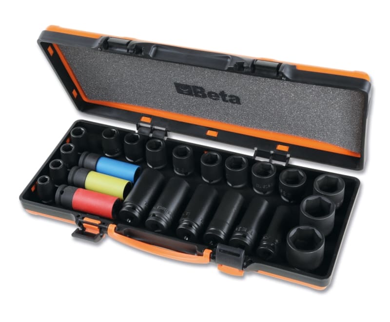 BETA - Serie di 24 chiavi a bussola macchina con attacco quadro femmina 1/2" fosfatate, in cassetta di lamiera. Cassetta buss macch 1/2 24pz. /C24.
