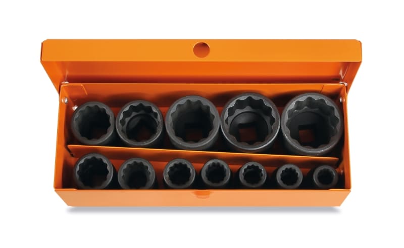 BETA - Serie di 12 chiavi a bussola macchina con bocca poligonale in cassetta di lamiera, cassette bussole macc 1/2 polig 12pz/c12.