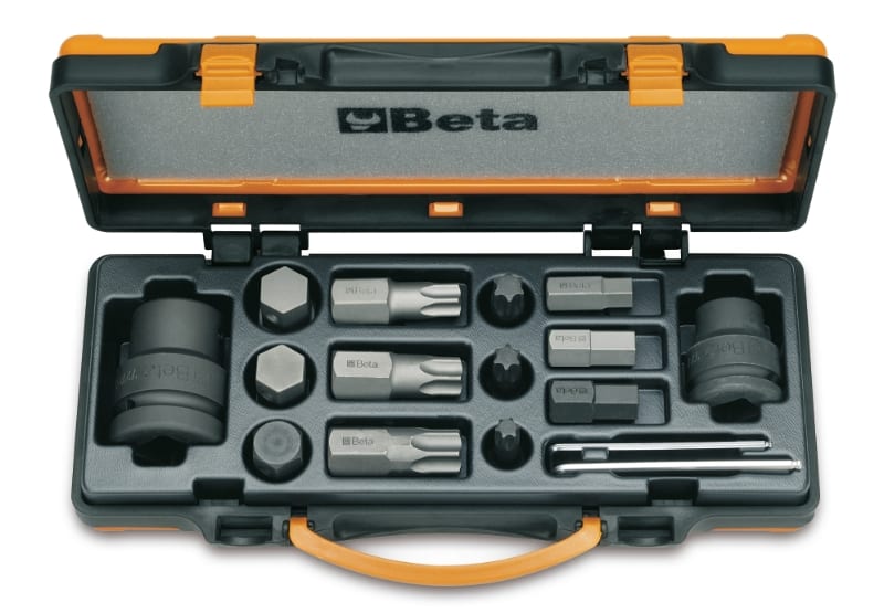 BETA - 12 inserti maschio e 4 accessori in cassetta di lamiera esagonale per macchina, 16 pezzi.