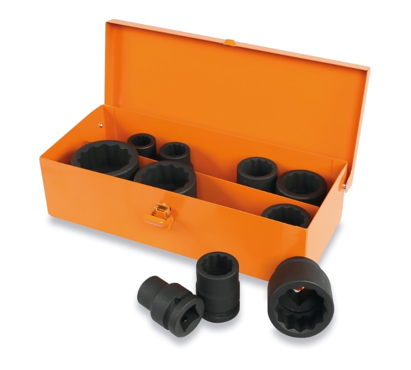 BETA - Serie di 10 chiavi a bussola macchina bocca poligonale in cassetta di lamiera, cassette bussole macc 3/4 polig 10pz/c10.