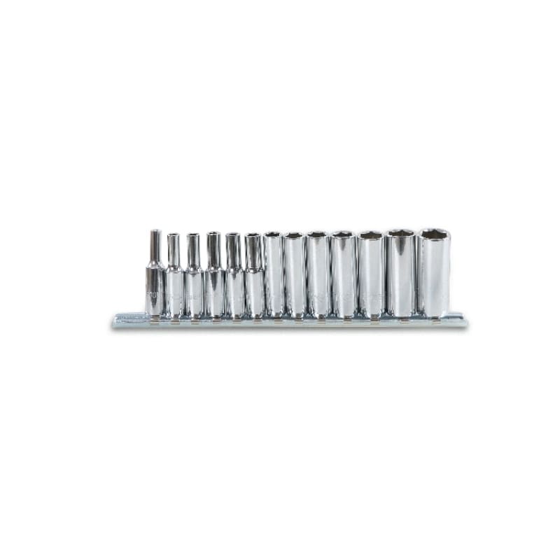 BETA - Serie di chiavi a bussola lunghe con attacco quadro femmina 1/4 bocca esagonale, cromate, bussole esag 1/4 sr 13pz su guide l/sb13.