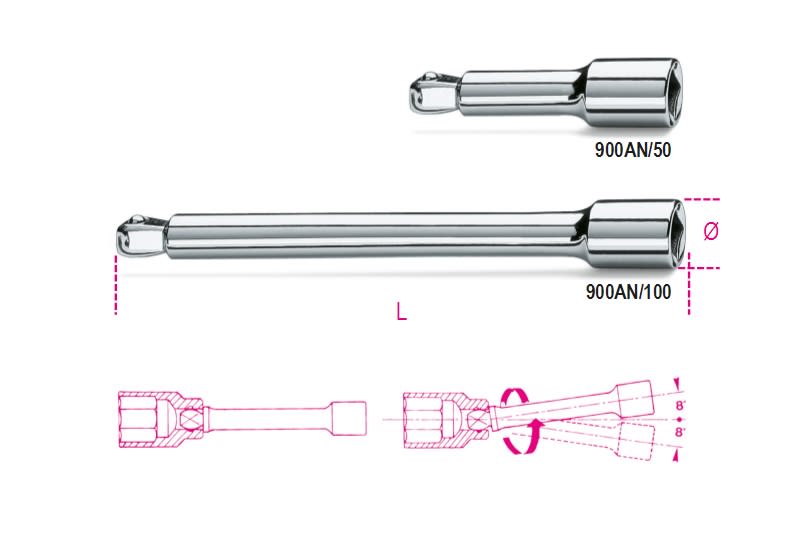BETA - Prolunghe con attacchi quadri maschio e femmina 1/4" angolari cromate MM100 AN/100.