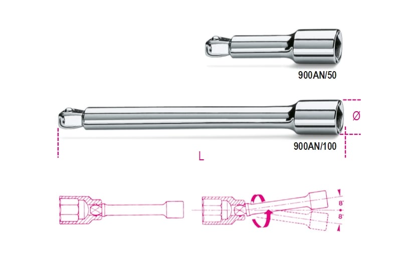 BETA - Prolunghe con attacchi quadri maschio e femmina 1/4" angolari cromate MM100 AN/100.