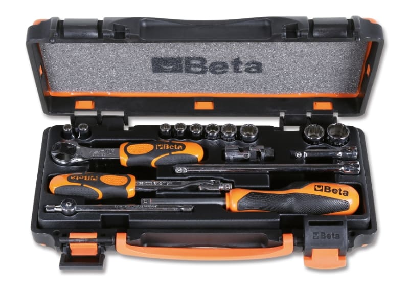BETA - Assortimento di 10 chiavi a bussola e 7 accessori in cassetta di lamiera 17pz assortimento 1/4 AS/MB. 009000981