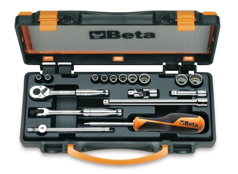 BETA - 10 chiavi a bussola poligonali e 7 accessori in cassetta di lamiera CASSETTE 17pz assort 1/4 met as/c17-mbm.