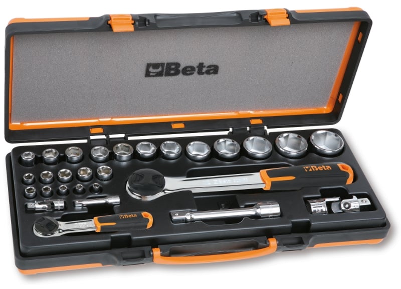 BETA - Assortimento di 22 chiavi a bussola esagonali e 6 accessori in cassetta di lamiera ESAG 1/4-1/2 NC22 28PZ.