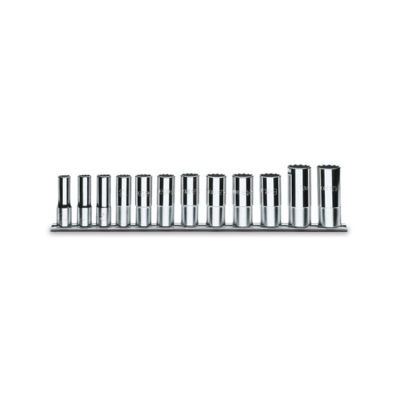 BETA - Serie di 12 chiavi a bussola a mano lunghe poligonali 3/8 ASL su supporto guide.