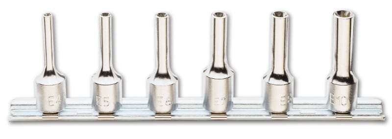 BETA - Serie di 6 chiavi a bussola a mano lunghe per viti con testa a profilo torx art. 910ftx/l su supporto bussole lunghe tx 3/8 su guide ftx/lsb6.