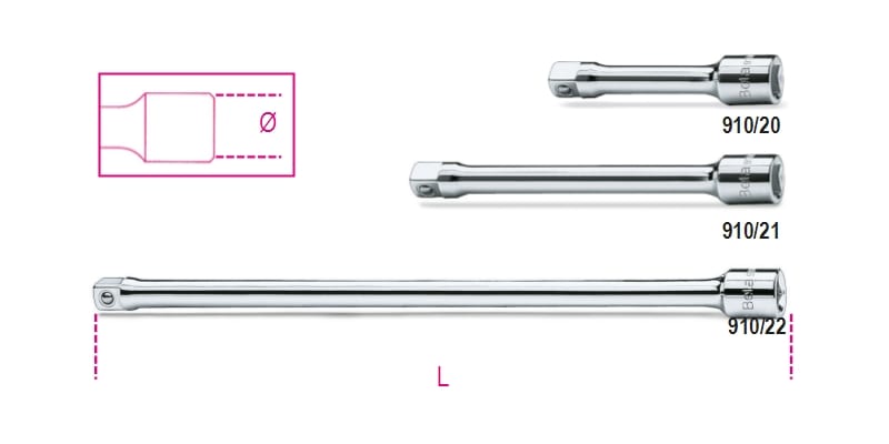 BETA - Prolunghe con attacchi quadri maschio e femmina 3/8" cromate 250mm 3/8 /22.