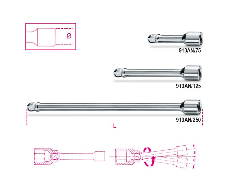 BETA - Prolunghe con attacchi quadri maschio e femmina 3/8" angolari cromate 125mm 3/8 an/125.