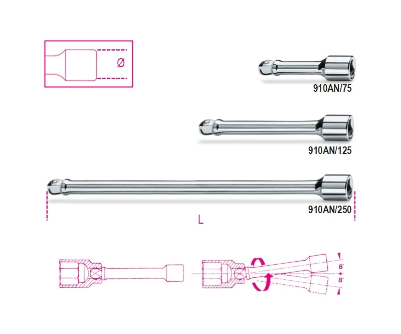BETA - Prolunghe con attacchi quadri maschio e femmina 3/8 angolari cromate, prolunghe angolari 250mm 3/8 an/250.
