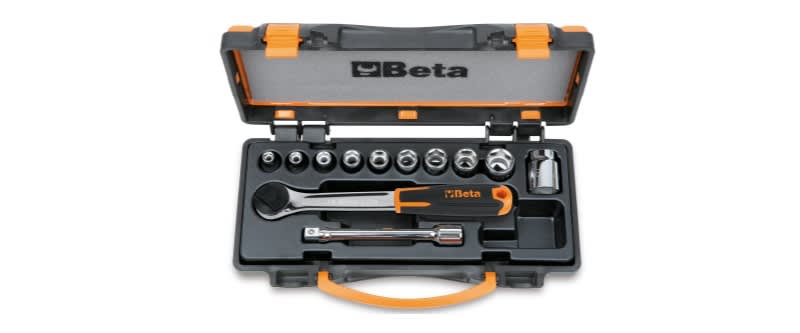 BETA - Assortimento di 10 chiavi a bussola e 2 accessori in cassetta di lamiera, cassette 12pz esagonali 3/8 a/c10. 009100909