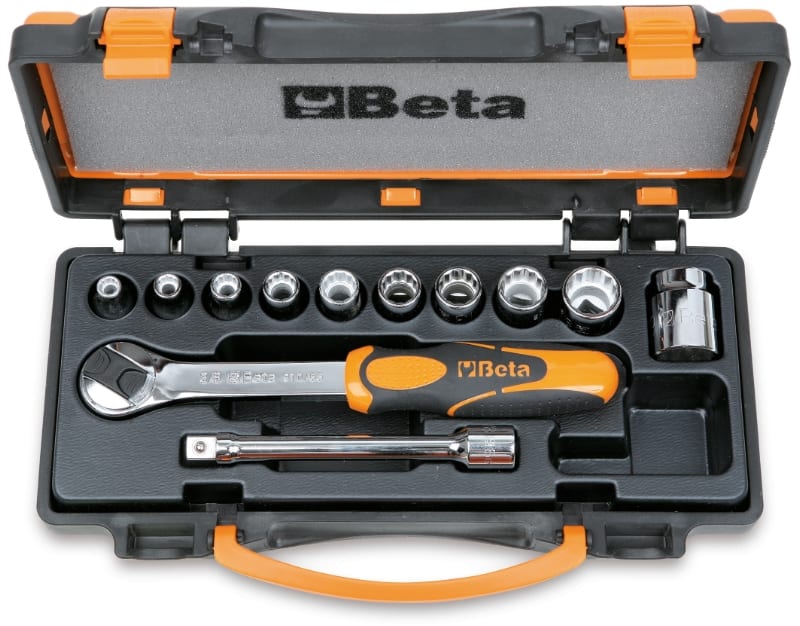 BETA - Assortimento di 10 chiavi a bussola e 2 accessori in cassetta di lamiera, cassette 12pz poligonali 3/8 b/c10.