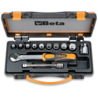 BETA - Assortimento di 10 chiavi a bussola e 2 accessori in cassetta di lamiera, cassette 12pz poligonali 3/8 b/c10.