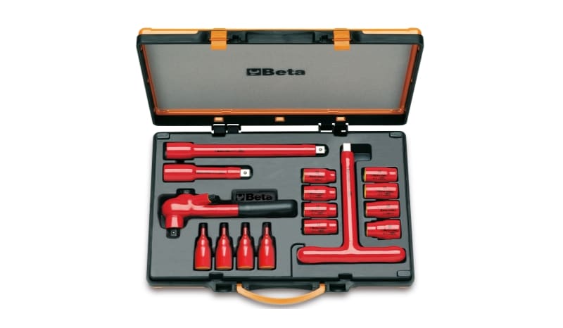 BETA - 8 chiavi a bussola poligonali 4 chiavi a bussola esagonali maschio e 4 accessori cassetta 16pz 1000v mq 3/8 mq/c16.