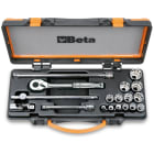 BETA - Assortimento di 13 chiavi a bussola poligonali e 5 accessori in cassetta di lamiera, cassette 18pz assort 3/8 aeron as/mbm.