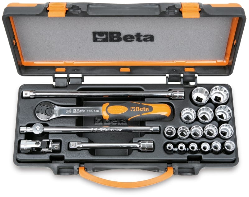 BETA - Assortimento di 16 chiavi a bussola poligonali e 5 accessori in cassetta di lamiera, cassette 21pz poligonali 3/8 d48 b/c16q.