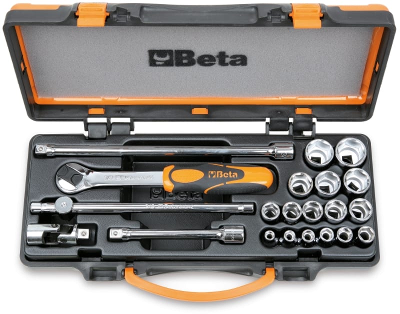 BETA - Assortimento di 16 chiavi a bussola esagonali e 5 accessori in cassetta di lamiera, cassette 21pz esagonali 3/8 a/c16.
