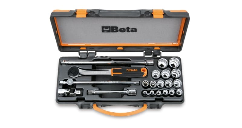 BETA - Assortimento di 16 chiavi a bussola poligonali e 5 accessori in cassetta di lamiera, cassette 21pz poligonali 3/8 b/c16.