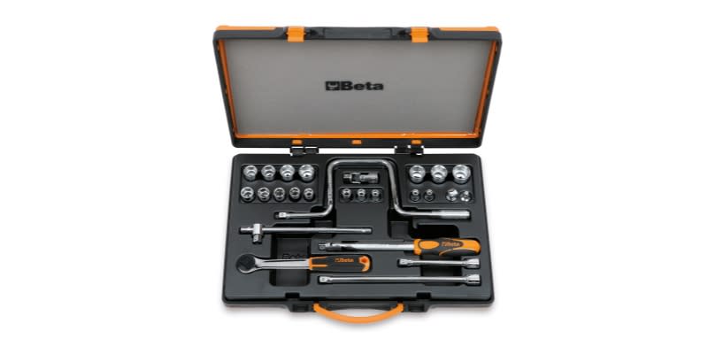 BETA - Assortimento di 17 chiavi a bussola esagonali e 9 accessori in cassetta di lamiera CASSETTE 26pz esagonali 3/8 a/c17.