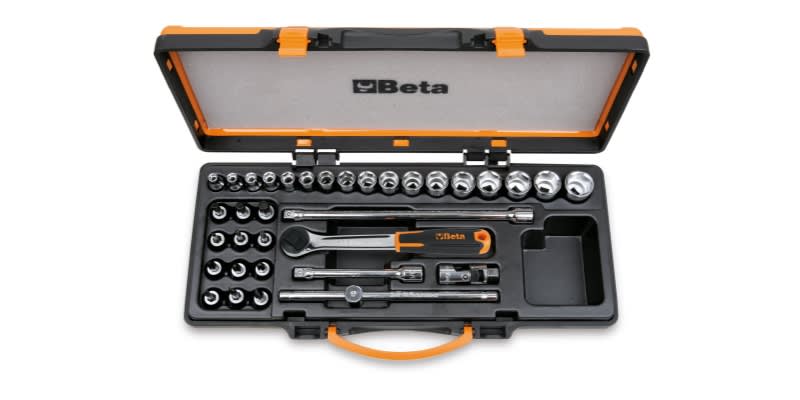 BETA - Assortimento di 17 chiavi a bussola 12 a giravite e 5 accessori in cassetta di lamiera, cassette 34pz esagonali 3/8 a/c29.