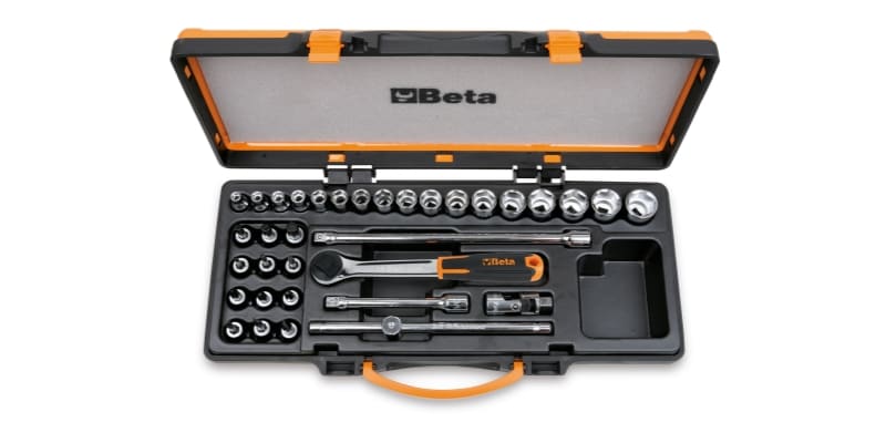 BETA - Assortimento di 17 chiavi a bussola 12 a giravite e 5 accessori in cassetta di lamiera, cassette 34pz esagonali 3/8 a/c29.