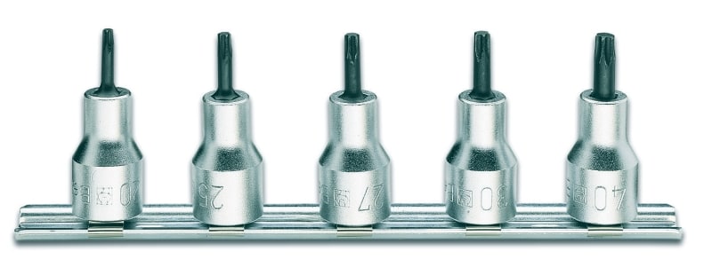 BETA - Serie di 5 chiavi a bussola maschio per viti con impronta tamper resistant torx art. 920rtx su supporto bussole rtx 1/2 sr.5pz su guide rtx/sb5.