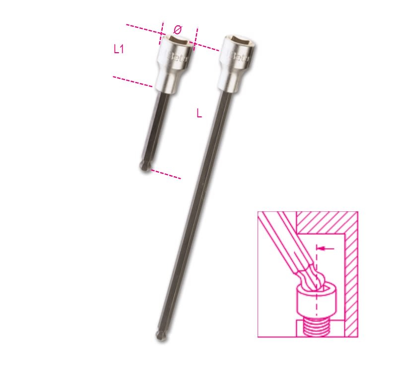 BETA - Chiavi a bussola maschio esagonale con estremità sferica con quadro femmina 1/2 cromate inserti bruniti bussole maschio estr.sf. 1/2 bp 6xl.