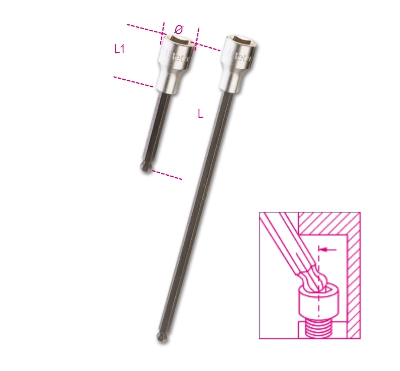 BETA - Chiavi a bussola maschio esagonale con estremità sferica con quadro femmina 1/2 cromate inserti bruniti bussole maschio estr.sf. 1/2 bp 6xl.