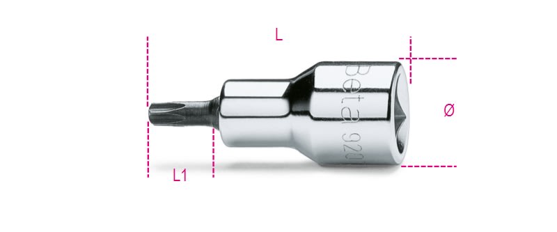 BETA - Chiavi a bussola maschio per viti con impronta torx, attacco quadro femmina 1/2 cromate, inserti bruniti, bussole tx 1/2 tx 55.