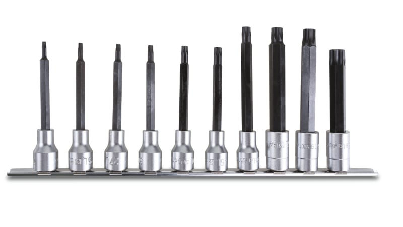 BETA - Serie di 10 chiavi a bussola maschio lunghe art. 920TX/L per viti con impronta torx su supporto bussole tx l 1/2 sr10 pz guide tx/l-sb10.
