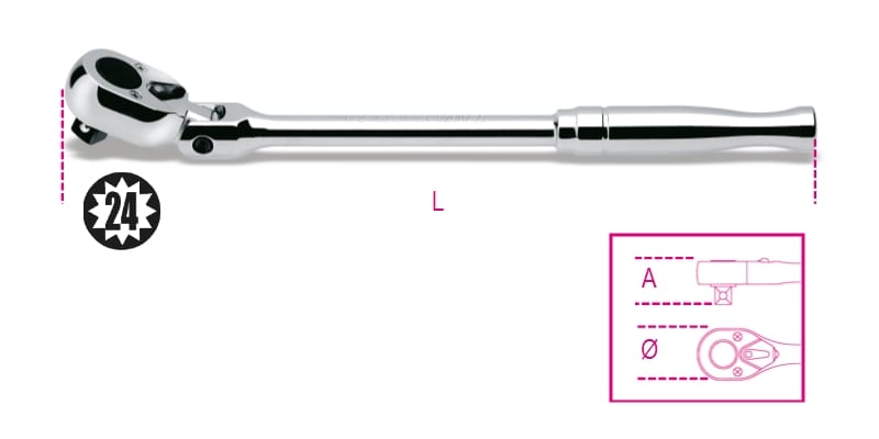 BETA - Cricchetto reversibile snodato con attacco quadro maschio 1/2" impugnatura in metallo cromato CRICCHETTI REV SNOD 1/2 IMP MET M/56.
