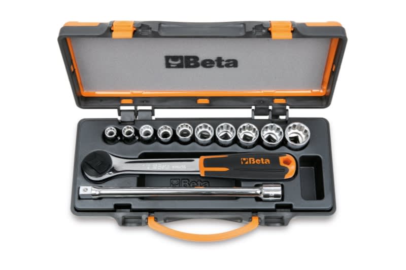BETA - Assortimento 12pz chiavi a bussola poligonali 1/2 e accessori in cassetta lamiera. 009200919