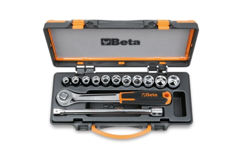 BETA - Assortimento di 11 chiavi a bussola esagonali e 2 accessori in cassetta di lamiera, cassette 13pz poligonali 1/2 b/c11.