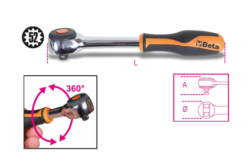 BETA - Cricchetto reversibile con impugnatura rotante attacco quadro maschio 1/2" meccanismo a 52 denti /58.