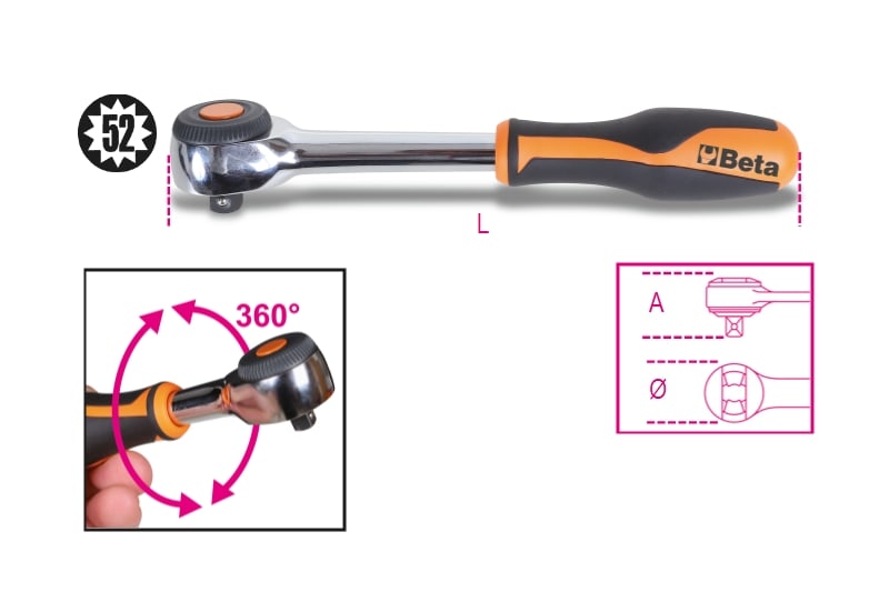 BETA - Cricchetto reversibile con impugnatura rotante attacco quadro maschio 1/2" meccanismo a 52 denti /58.